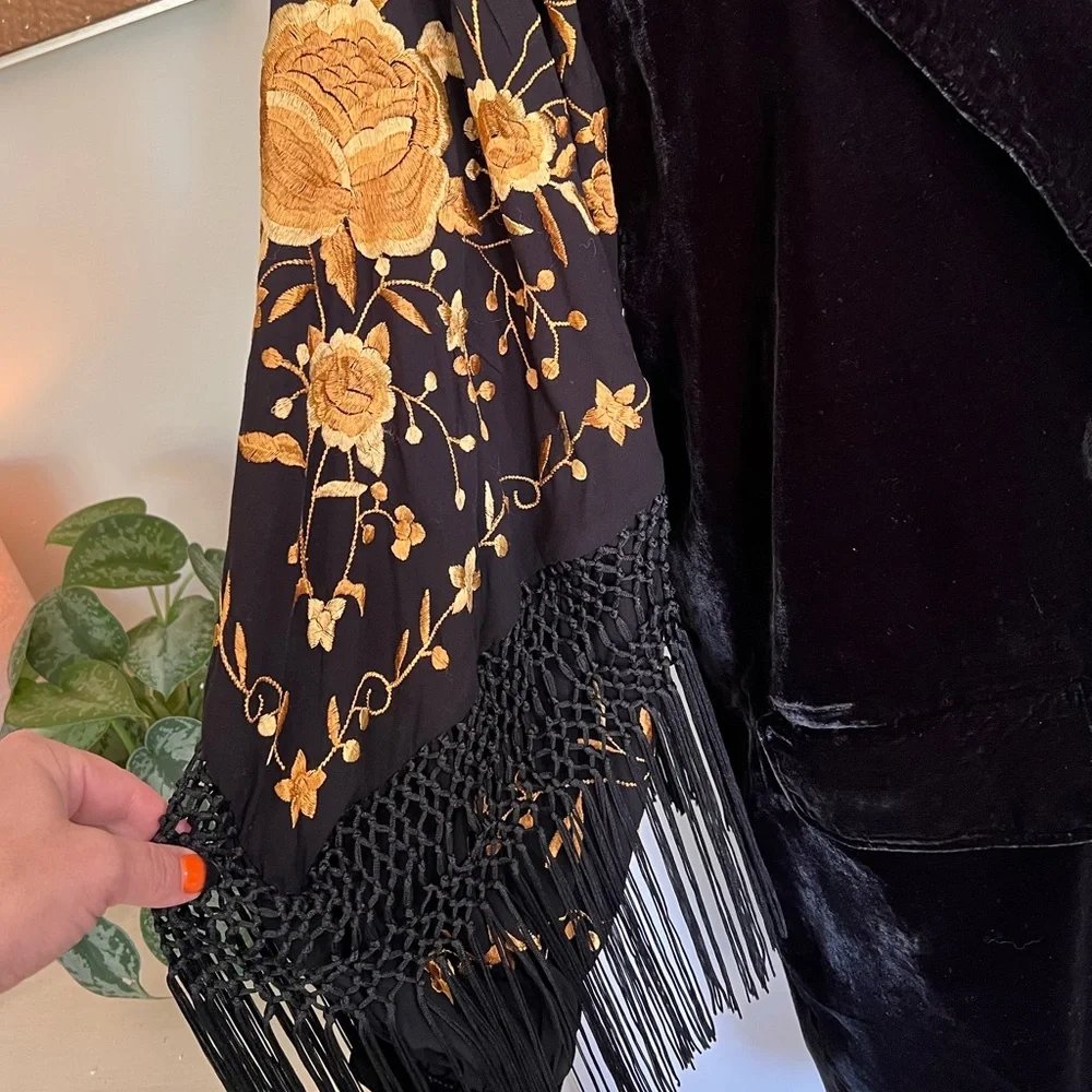 Free People Bali Rosalina Duster, Black Velvet, Gold Embroidery, Fringe Sleeves - Picture 5 of 9